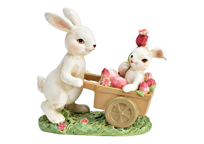 Bunny with wheelbarrow made of poly white (W/H/D) 14x12x6cm