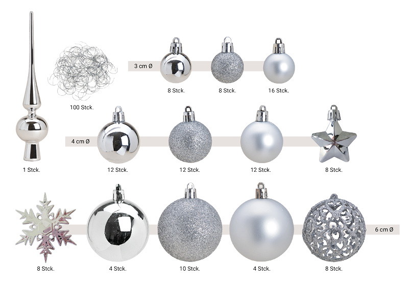 Adornos de Navidad de plástico, lote de 111, plata Ø3/4/6cm (A/A/P) 36x23x12cm Adornos de Navidad de plástico, lote de 111, plata Ø3/4/6cm (A/A/P) 36x23x12cm