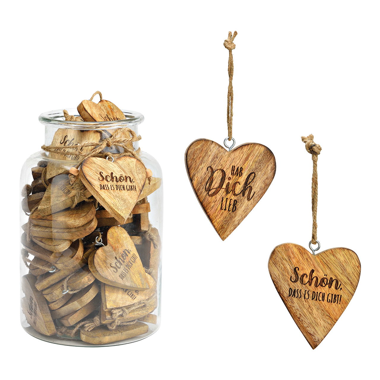 Hanger hart met spreuk van mangohout naturel 2-voudig (B/H/D) 7x8x1cm, 48 stuks in glas 16x25x16xm Hanger hart met spreuk van mangohout naturel 2-voudig (B/H/D) 7x8x1cm, 48 stuks in glas 16x25x16xm