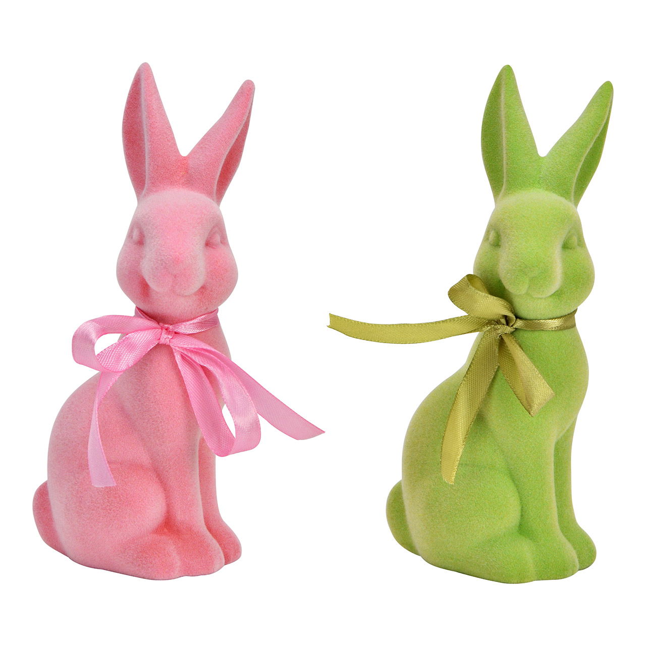 Hase beflockt mit Schleife aus Keramik, 2-fach, Rosa/Grün (B/H/T) 7x16x7cm Spielzeug, Tier, Säugetier, Hase