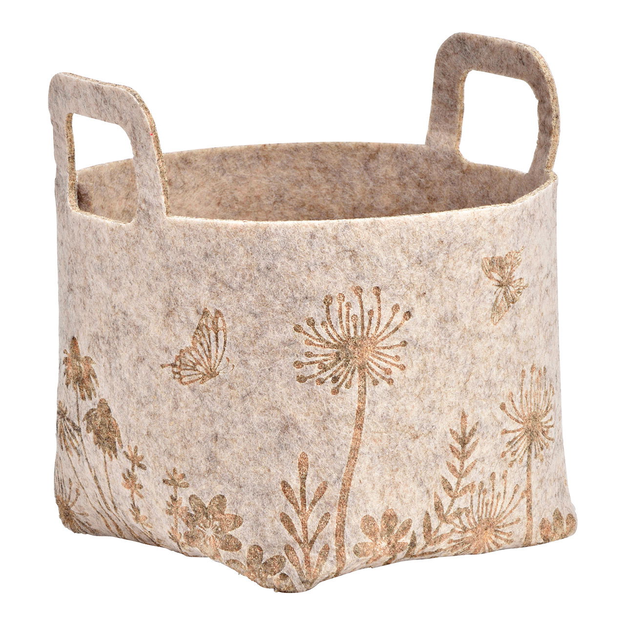 Cesta con decoración de prado de flores de fieltro beige (A/A/P) 13x18x13cm