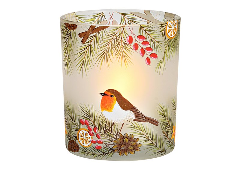 Wind light tea light holder fir bird decor made of glass white (W/H/D) 9x10x9cm