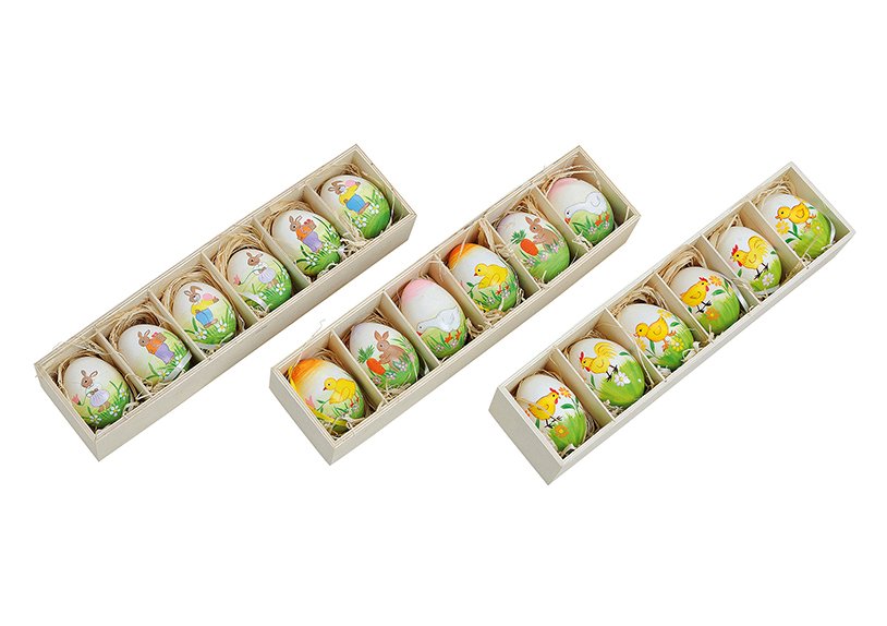 Set d'œufs de Pâques naturels à suspendre, sur présentoir en bois, 6 pièces, assortis 3 fois, 6 cm