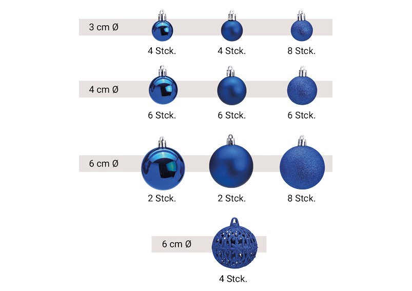 Juego de bolas de Navidad de plástico Azul Juego de 50, (A/H/D) 23x18x12cm Ø3/4/6cm