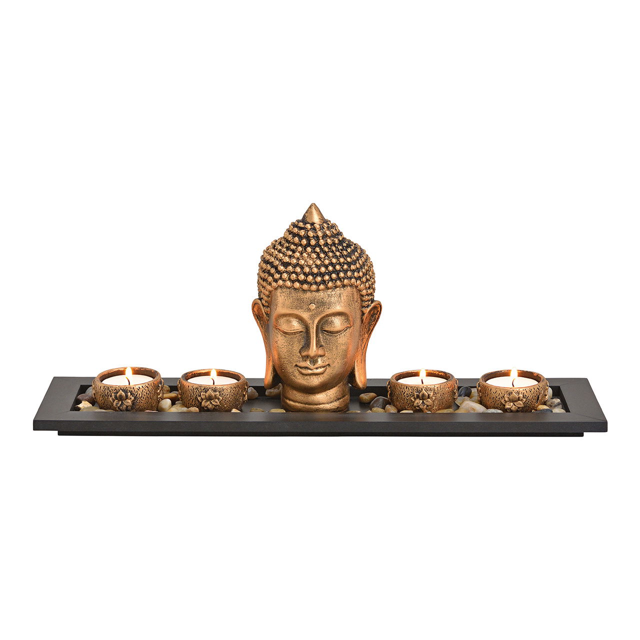 Buddha with 4 tealight holder, wooden tray, decorative stones, made of poly brown (w / h / d) 41x17x11cm