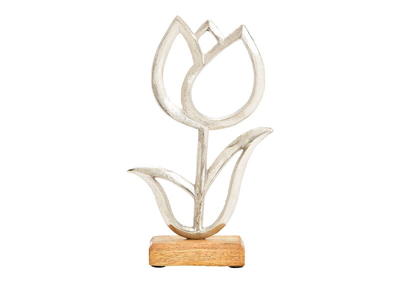 Stand up tulip on mango wood base of metal silver (W/H/D) 15x25x5cm