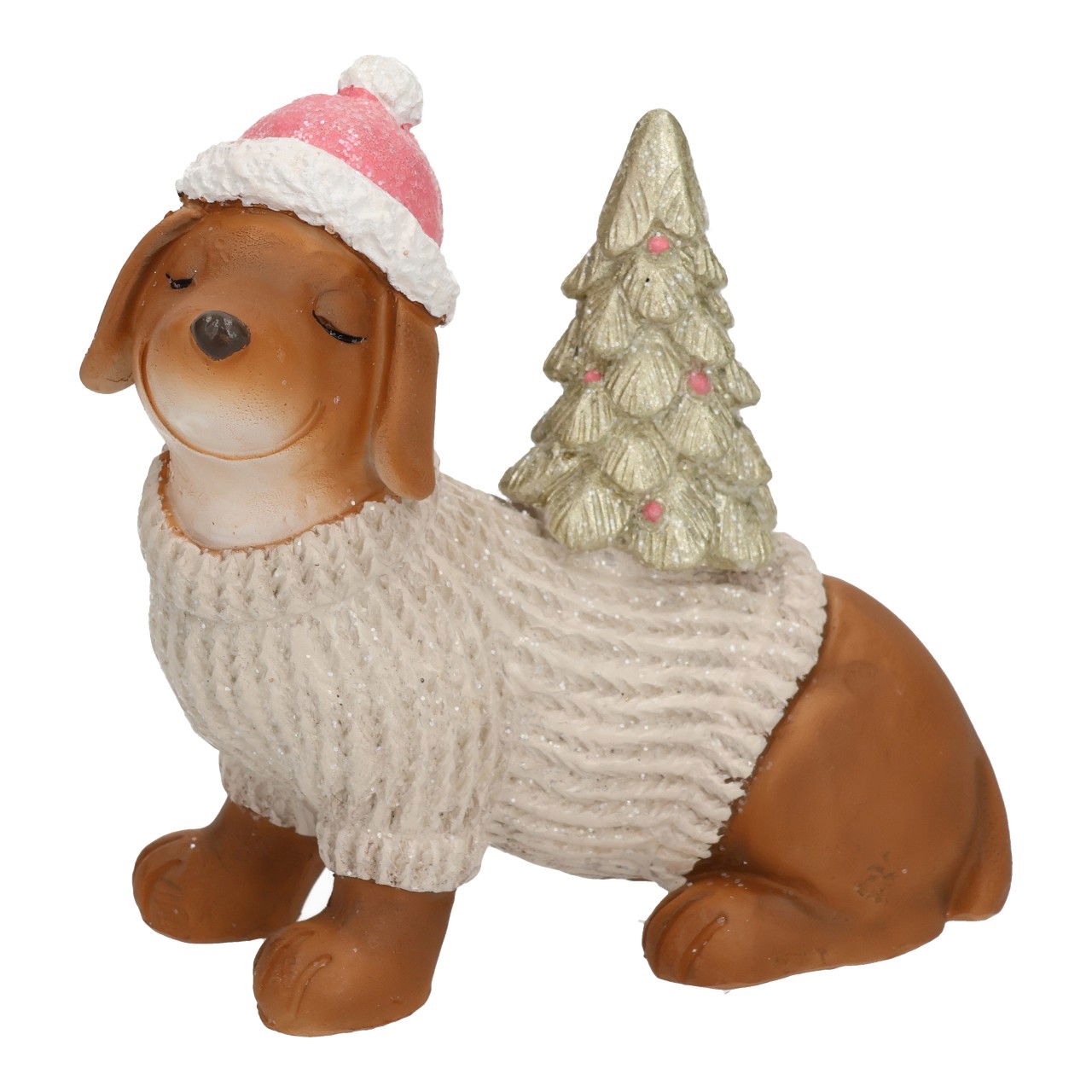 Hund mit Tannenbaum aus Poly Braun (B/H/T) 10x10x5cm Figur, Kleidung, Hut