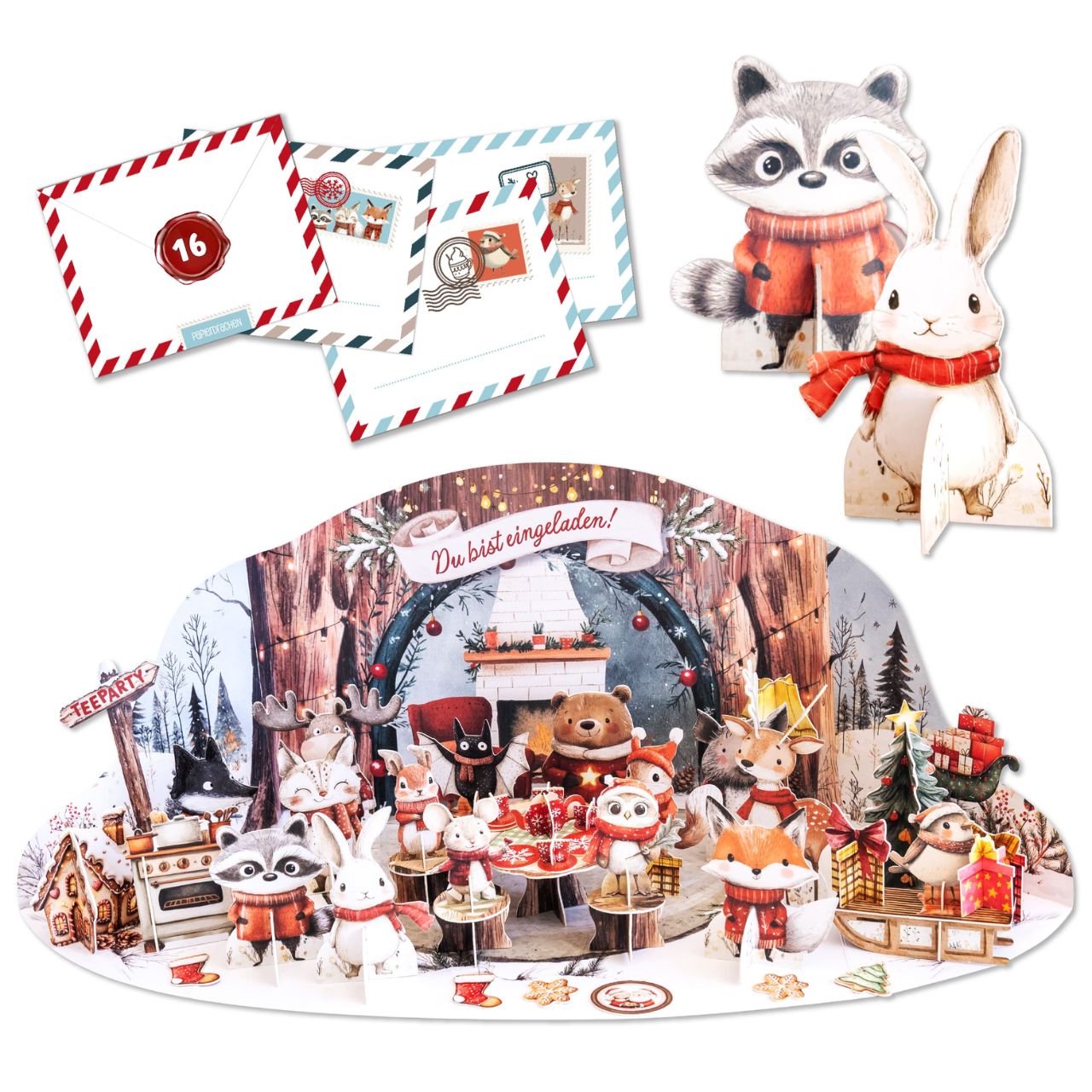 Calendario dell'Avvento - Tea Party Animali della foresta in carta/cartone colorato Set di 24 (L/A/D) 32x22x1cm Weihnachtsdeko, Karten, Tierfiguren, Winternacht, Sammelfiguren