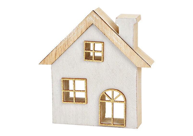 Haus aus Holz gold, weiß (B/H/T) 12x12x3cm