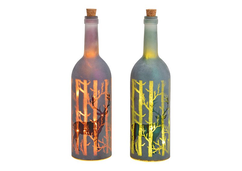 Glass bottle 10 led, deer glass green/red 2-asst. 9x34x9cm