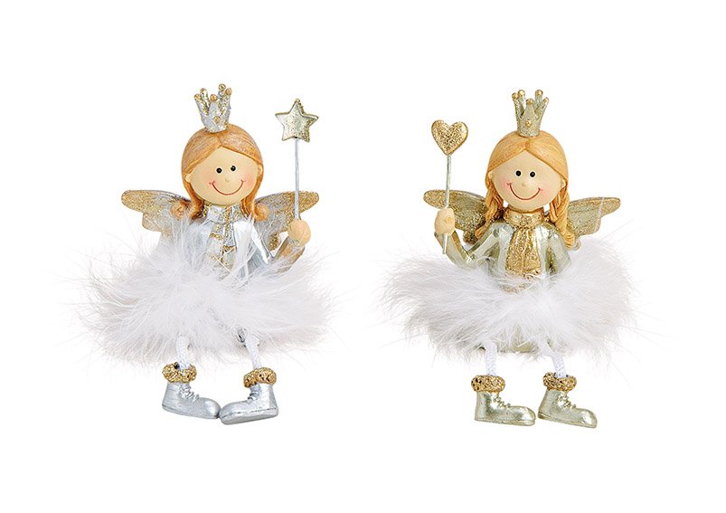 Sitting angel, with heart, star, feather skirt, gold, silver color, polyresin, 2 asst, 6x14x3cm