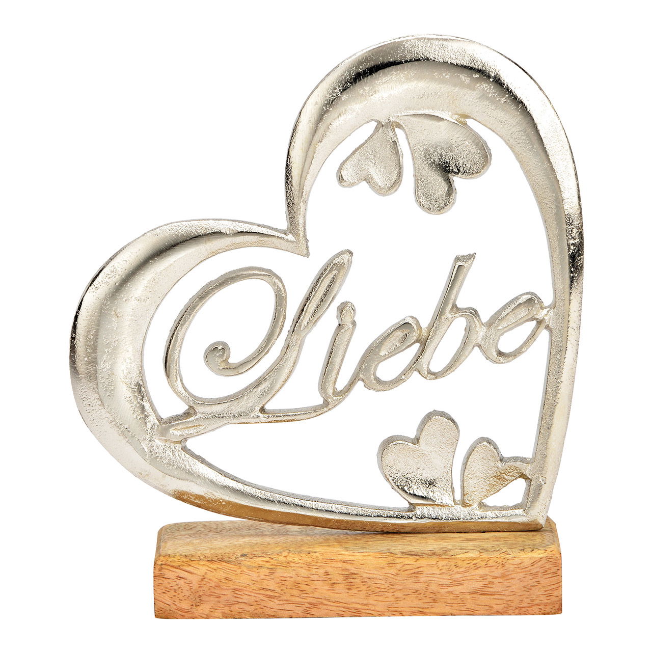 Cuore di metallo Love in argento su base di legno di manganese (L/H/D) 18x20x5cm