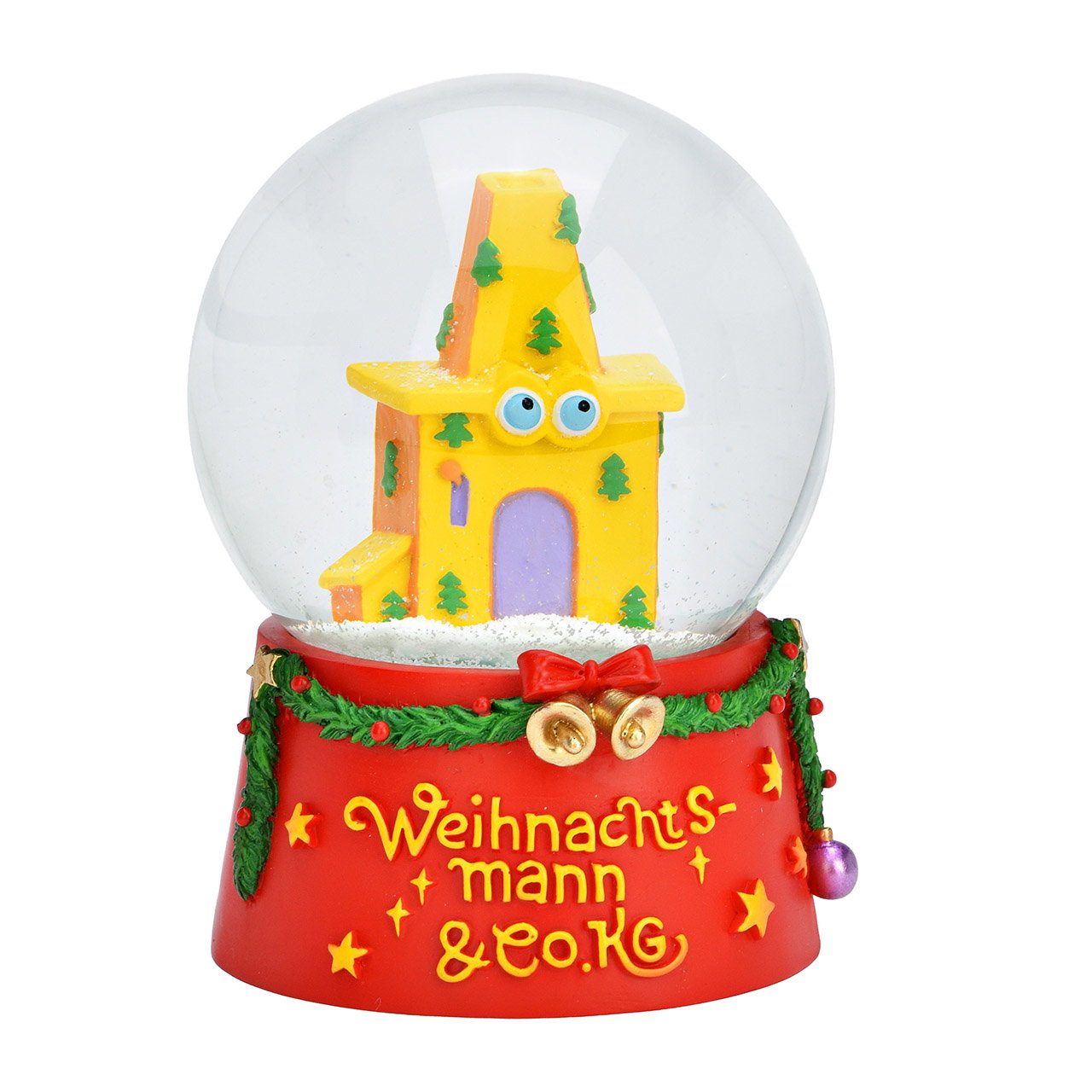 Schneekugel, Weihnachtsdekoration, Hausfigur, Kunststoff, gelb, Schneekugel, Weihnachtsdekoration, Kugelhaus, Wichtelhaus, glitzernd
