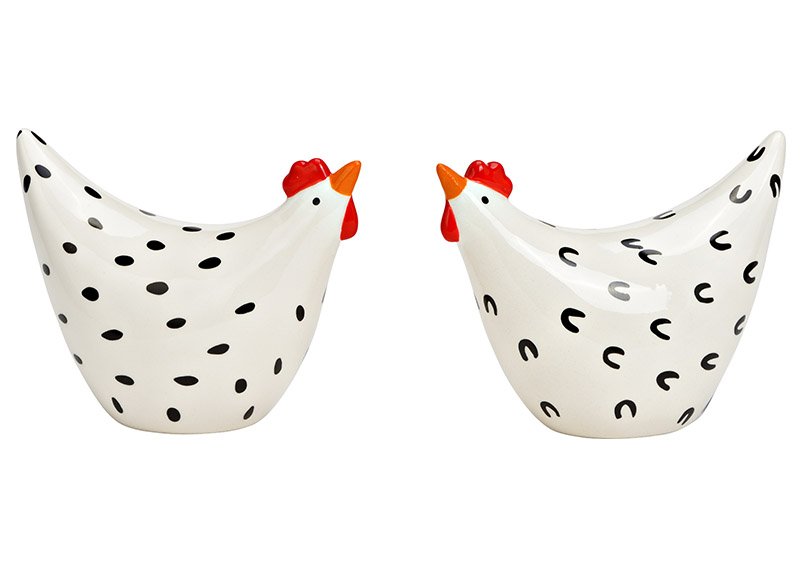Ceramic chicken black, white 2-fold, (W/H/D) 12x9x6cm