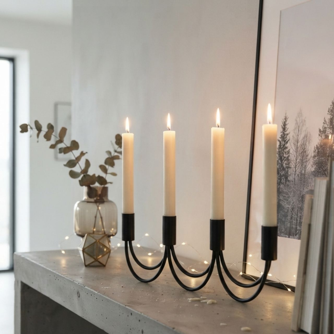Advent arrangement, metal candle holder, black (W/H/D) 44x12x9cm Kandelaber, Kerzenhalter, Kerzenständer, Eisen, schwarz