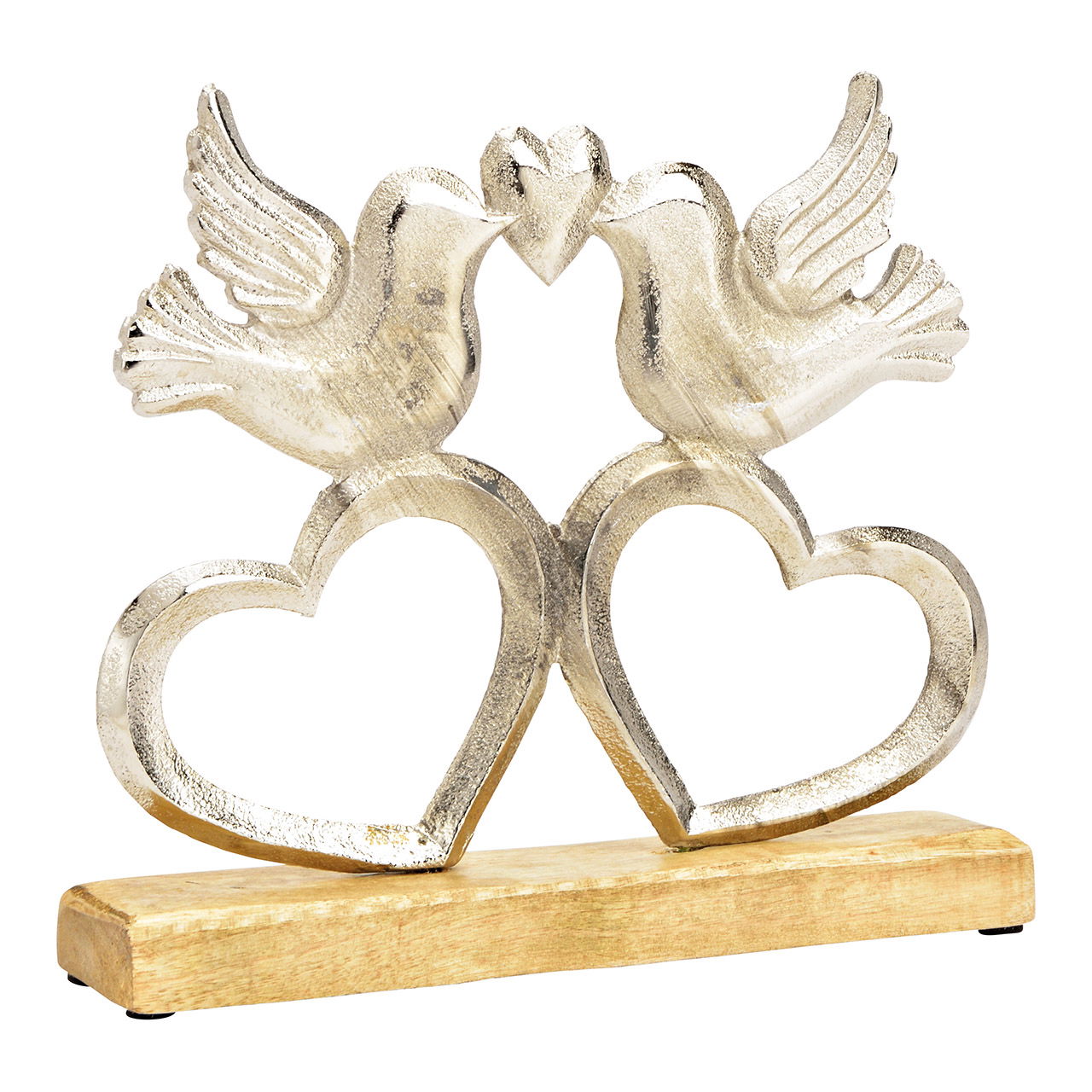 Uccello da appoggio su cuore, su base in legno di mango, in metallo argentato (L/A/D) 25x22x5cm Uccello da appoggio su cuore, su base in legno di mango, in metallo argentato (L/A/D) 25x22x5cm