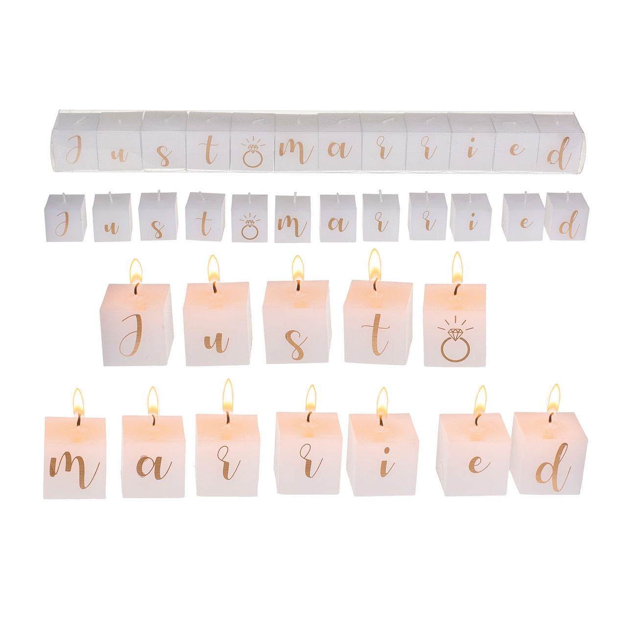 Blocco di candele con scritta, Just married in scatola di plastica di cera bianca Set di 12, (L/H/D) 36x3x3cm Blocco di candele con scritta, Just married in scatola di plastica di cera bianca Set di 12, (L/H/D) 36x3x3cm