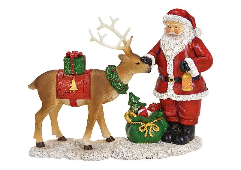 Père Noël avec cerf en poly coloré (L/H/P) 19x15x8cm