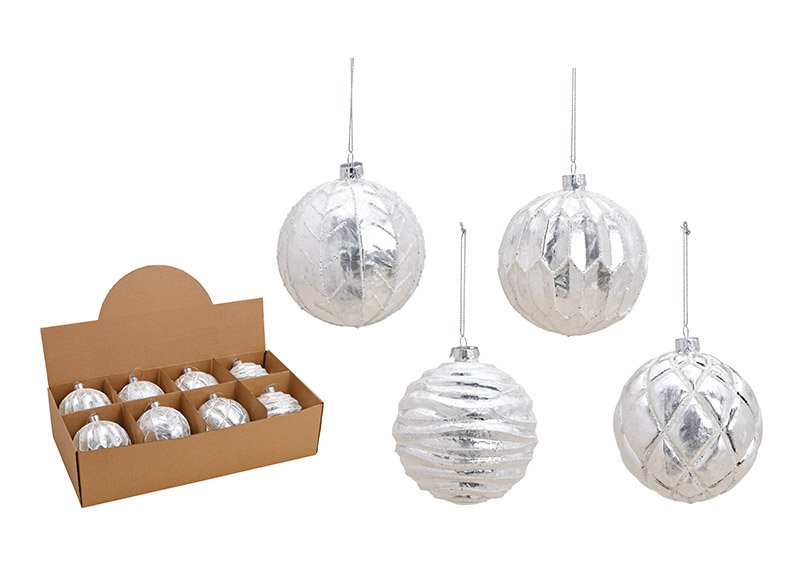 Kerstbal glitter van glas wit, zilver 4-voudig, (w/h/d) 10x10x10cm