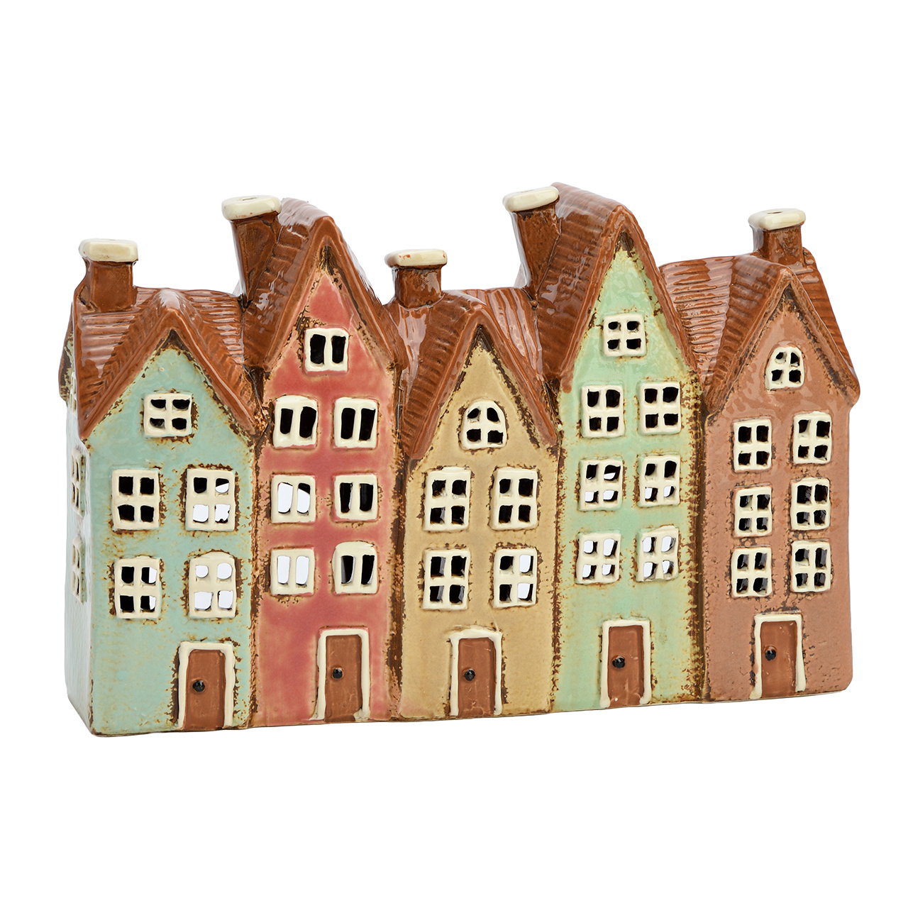 Windlicht Häuser aus Steingut Bunt (B/H/T) 25x16x8cm Hütte, Wohnen, Nachbarschaft, Essen, Süßigkeiten
