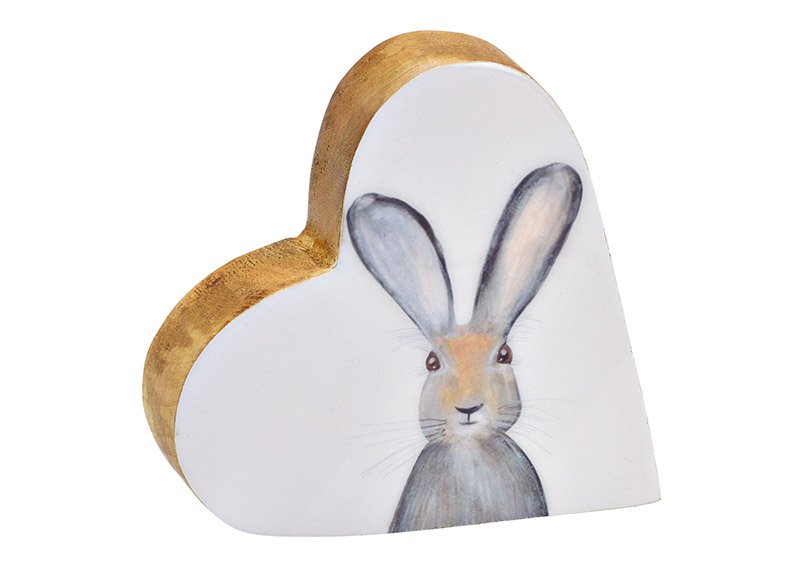 Décor cœur lapin en bois de manguier avec vernis émaillé blanc, gris (L/H/P) 14x13x4cm