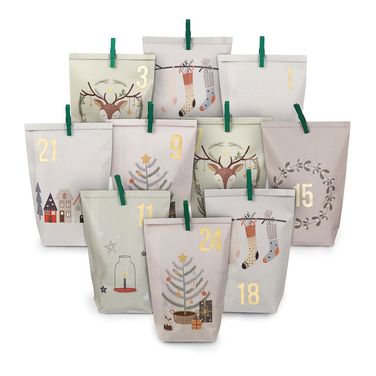 Adventkalender bedrukte papieren/kartonnen pastelwitte zakjes met groene clips (B/H/D) 24x21x2cm