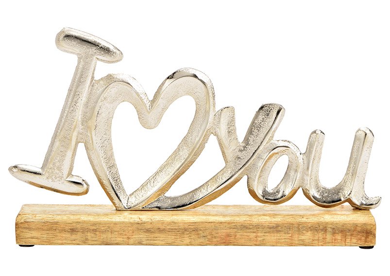 Espositore con scritta, I love you, su base in legno di mango, in metallo argentato (L/H/D) 29x17x5cm