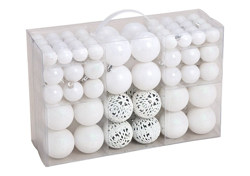 Xmas ball set of 100, plastic, white 35x23x12cm ø3/4/6cm