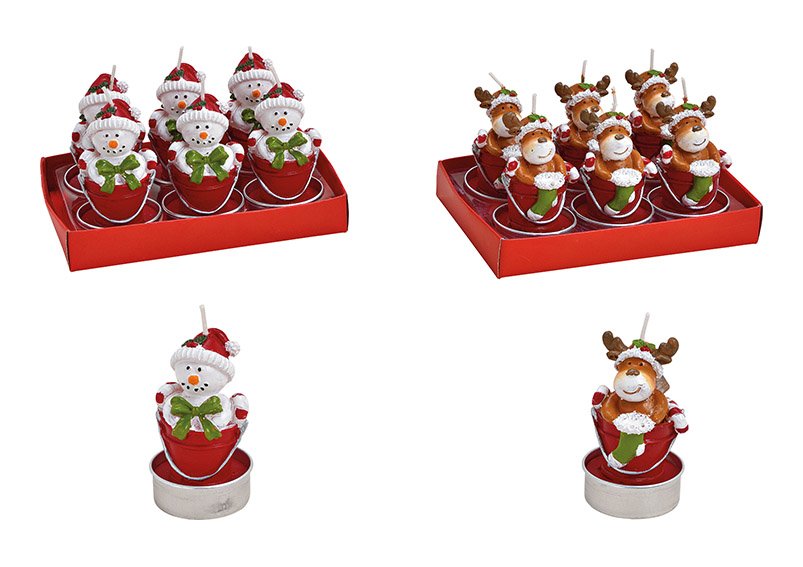 Tealight set elk, snowman in a bucket 4x7x4cm made of wax, colorful set of 6, 2 compartments, (w / h / d) 13x7x9cm