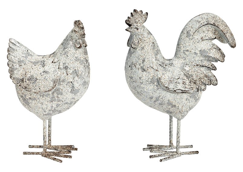 Chicken and rooster antique finish from poly gray (W/H/D) 14x24x10cm