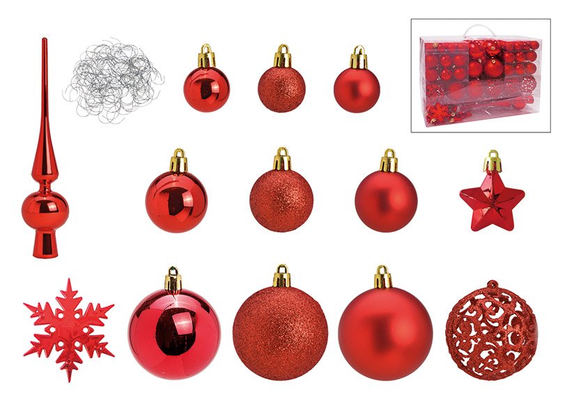 Juego de bolas de Navidad de plástico rojo 111 piezas, (c/h/d) 36x23x12cm Ø 3/4/6 cm