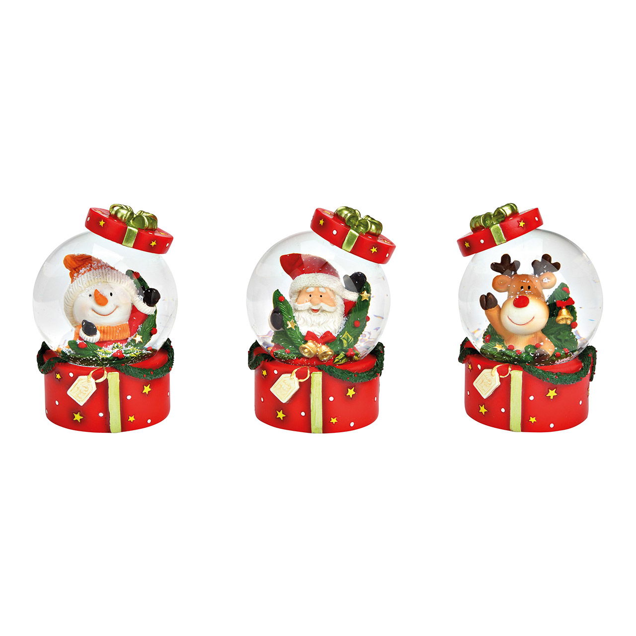 Globo di neve Babbo Natale, pupazzo di neve, alce in poli/vetro rosso 3 pieghe, (L/H/D) 6x10x6cm