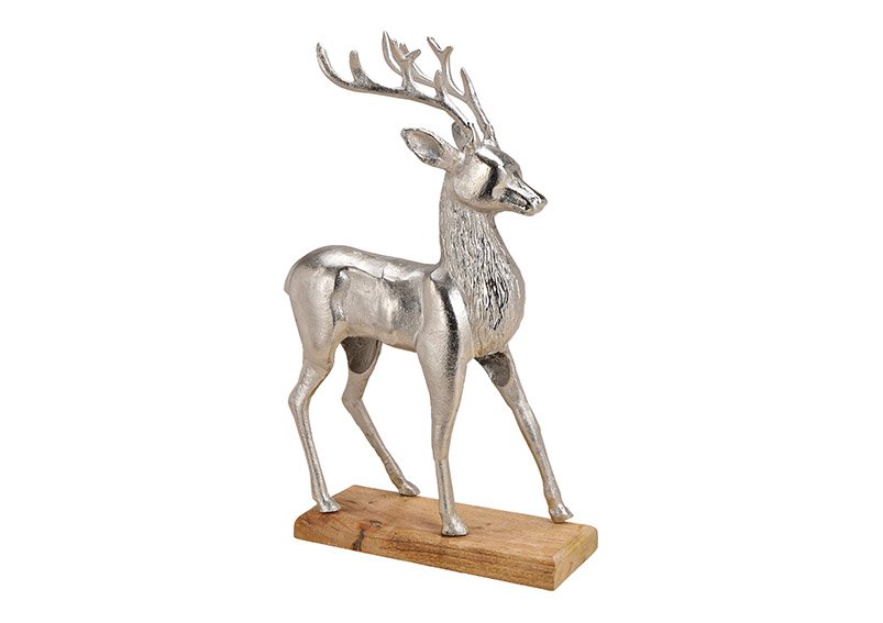 Deer made of aluminum on mango wood sock made of metal silver (w / h / d) 36x61x16cm