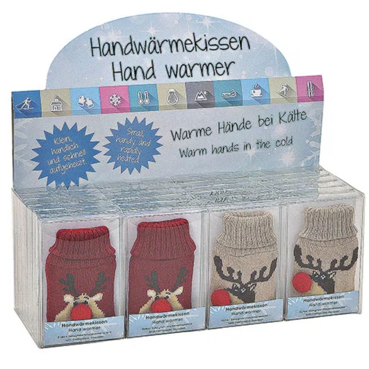 Réchauffeur de poche Renne Housse tricotée en plastique Rouge, beige 2 fois, (L/H/P) 7x12x1cm Handwärmer, Mützenwärmer, Winterset, Kleidung Zubehör, Verpackungsvorderseite