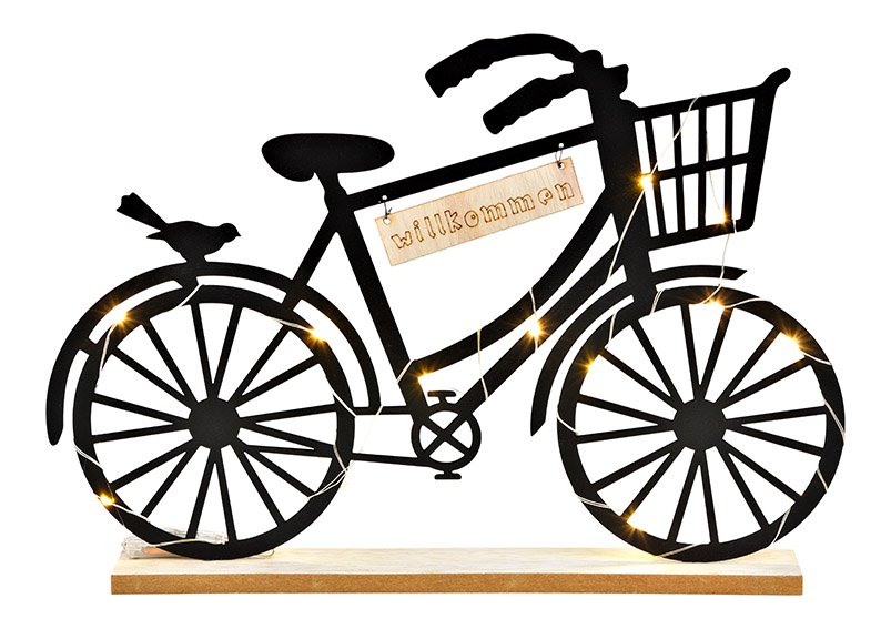 Aufsteller Fahrrad, auf MDF Sockel, Willkommen, mit LED Lichter aus Metall Schwarz (B/H/T) 35x24x4cm