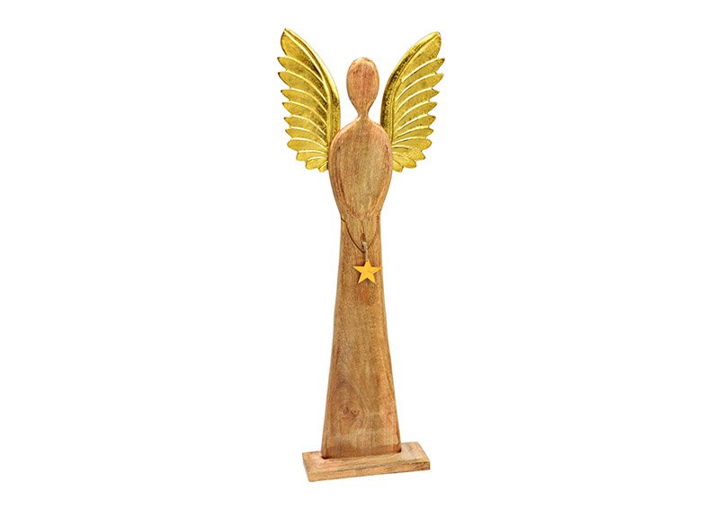 Ángel con alas de metal, colgante de estrella, de madera de mango marrón, dorado (A/H/D) 45x115x13cm
