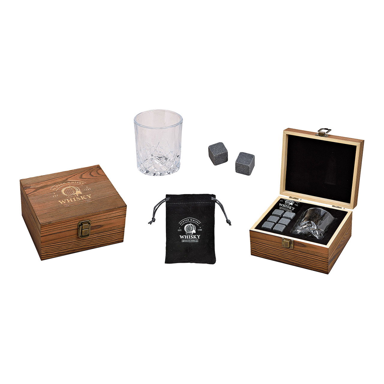 Set di pietre da whisky, cubetti di ghiaccio in pietra basaltica 2x2x2cm, bicchiere 9x8x9cm, 300ml, set grigio di 6, in scatola di legno (L/H/D) 18x10x16,6cm