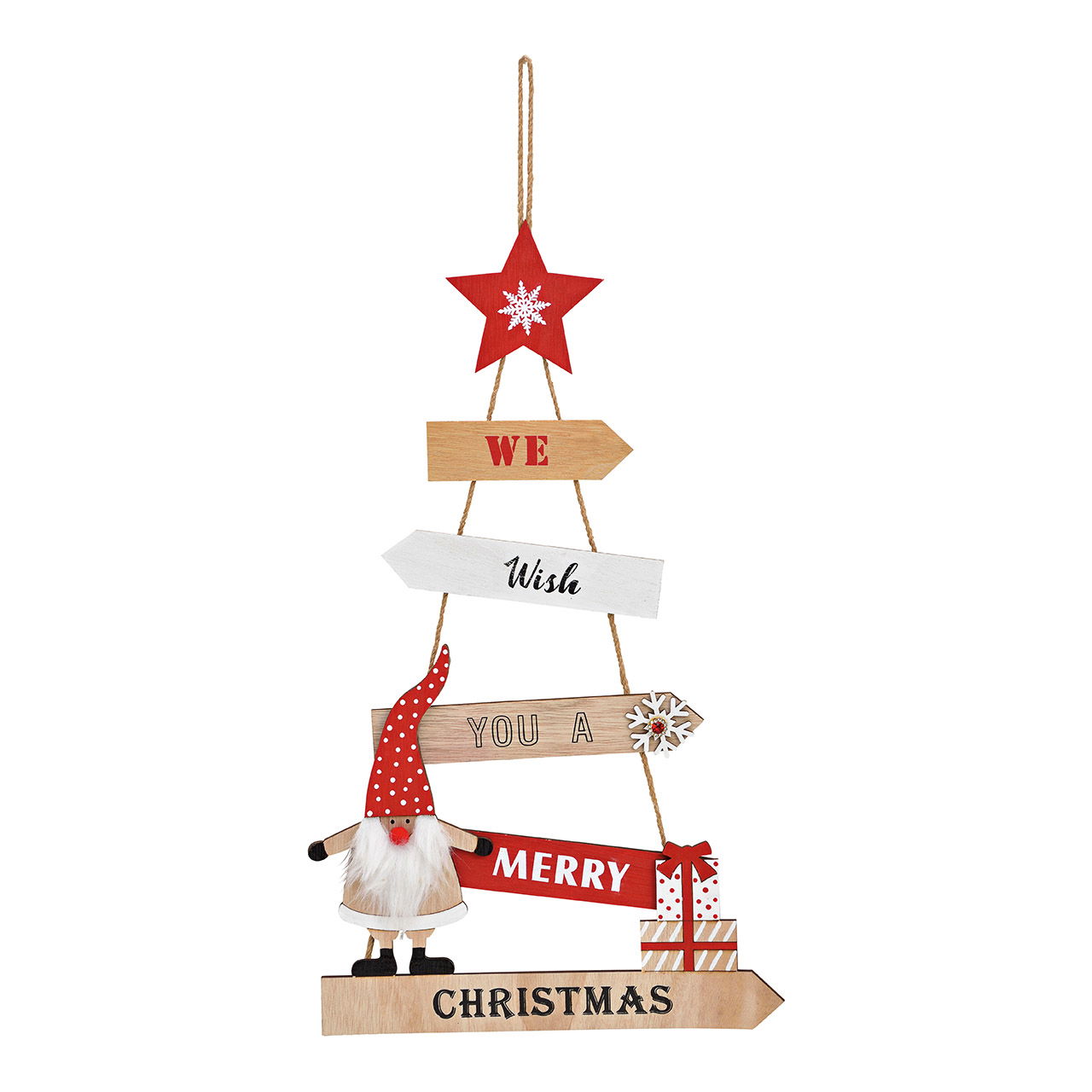 Suspension Sapin de Noël, We wish you a merry Christmas, en bois Rouge (L/H) 27x47cm