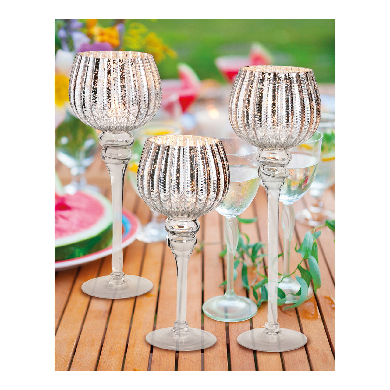 Wind light set goblet fluted, 30, 35, 40 cm x Ø13cm made of silver glass set of 3 Wind light set goblet fluted, 30, 35, 40 cm x Ø13cm made of silver glass set of 3