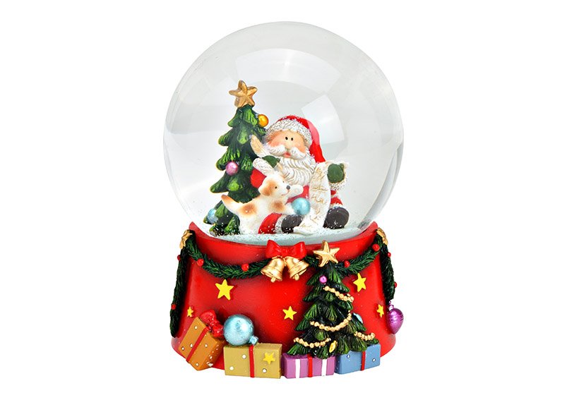 Boîte à musique, boule à neige Père Noël avec chien en poly, verre coloré (L/H/P) 10x14x10cm