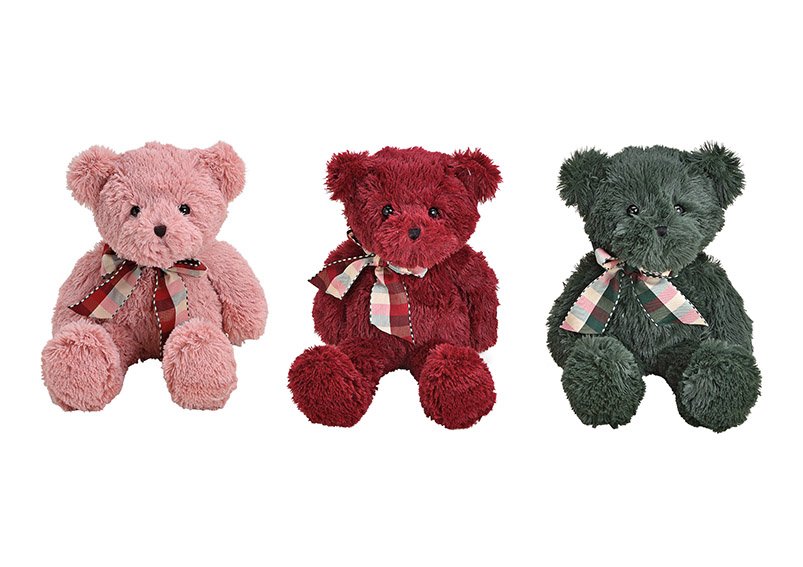Bear plush pink/green/red 3-ass, 20x22x22cm