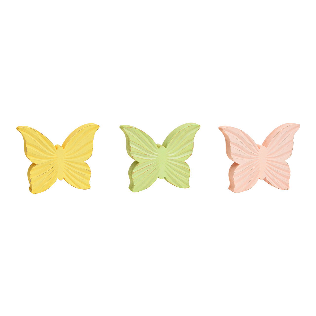 Butterfly made of wood, 3-fold, yellow/green/pink (W/H/D) 14x11x2,5cm