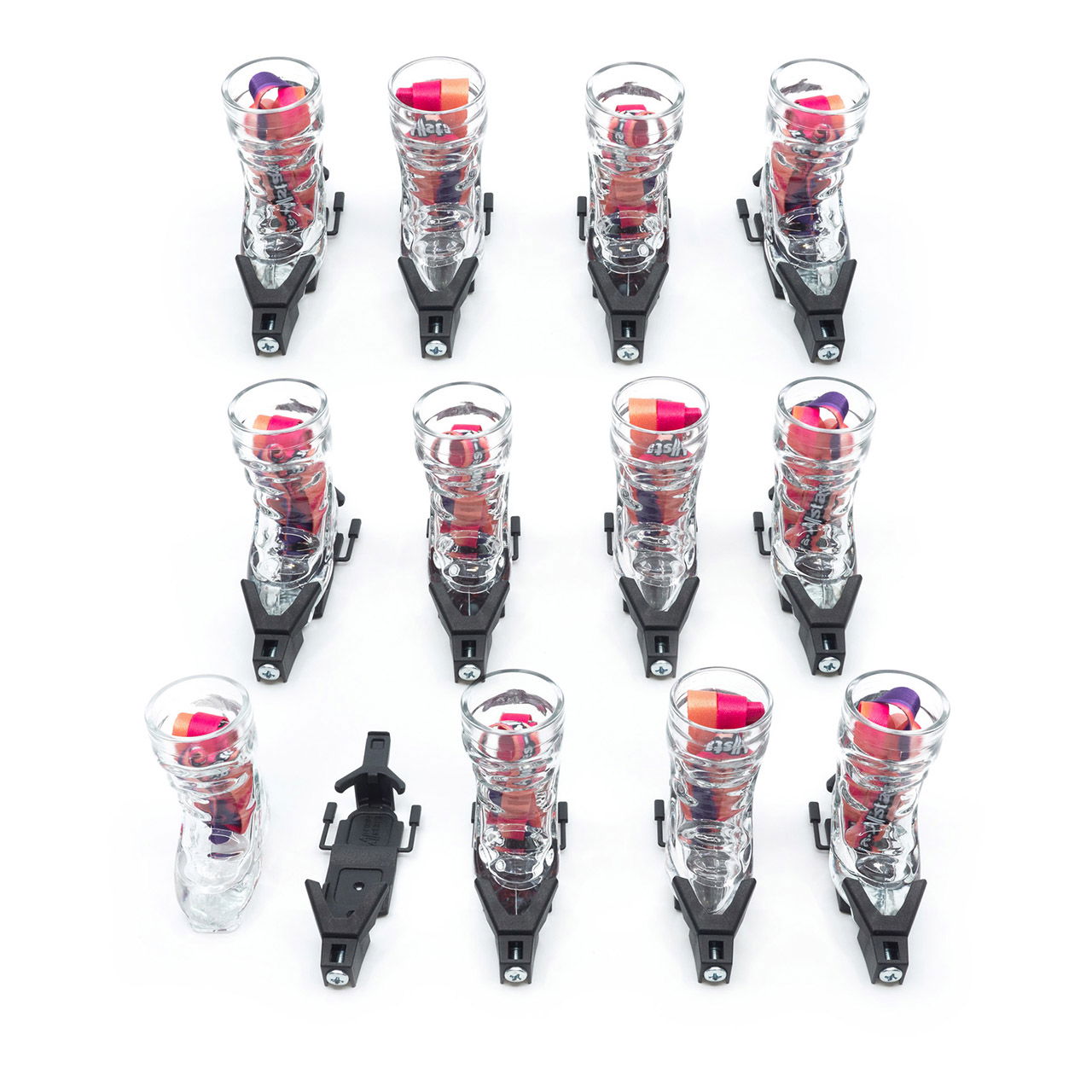 Apres-Allstars ski boots shot glass set with binding, lanyards set of 12, made of glass black 4cl glass 69x36x74mm, binding 110x38x24mm