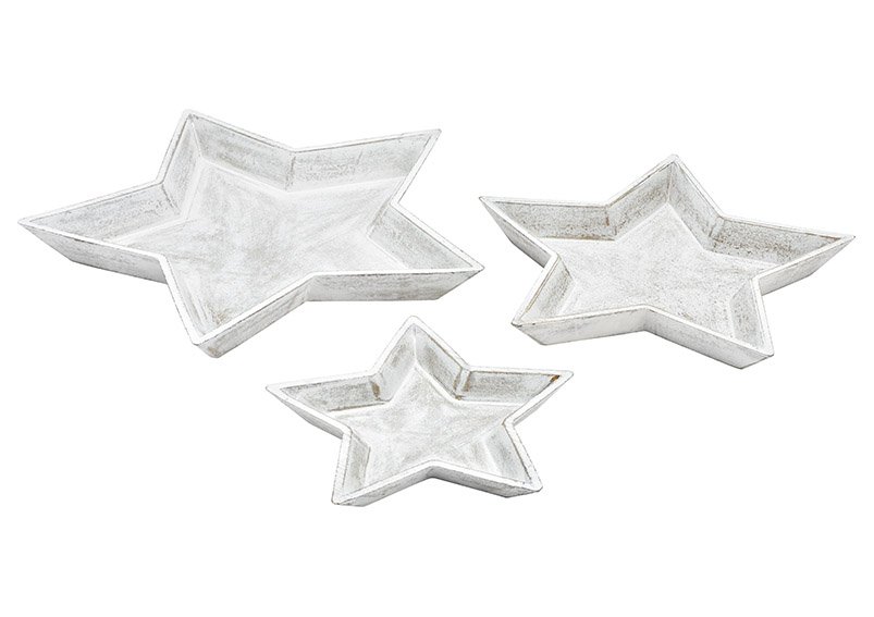 Set d'assiettes étoile en bois blanc, 3 pièces, (L/H/P) 39x3,5x39cm 32x3x32cm 24x2,5x24cm