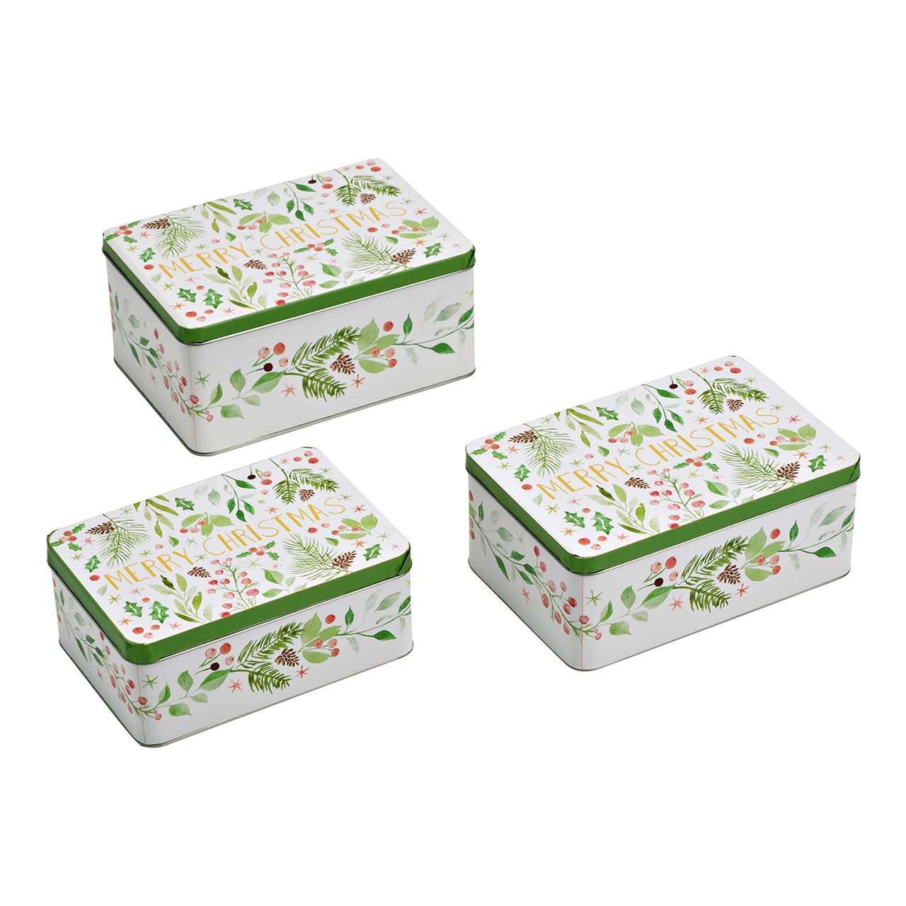 Set of 3 square Merry Christmas tins, made of colorful metal (W/H/D) 21x15x9cm, 19x13x8cm, 17x12x7cm