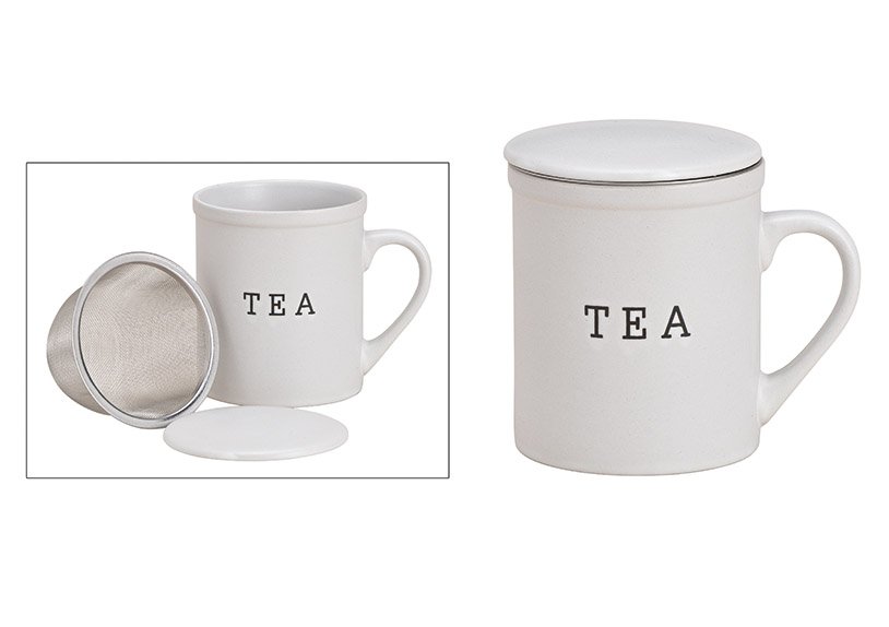 Gobelet à thé TEA avec tamis métallique en céramique blanc (L/H/P) 11x10x8cm 340ml