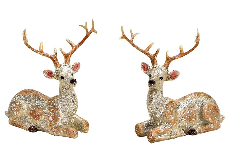 Deer with glitter, lying, made of poly champagne 2-fold, (W/H/D) 10x11x7cm