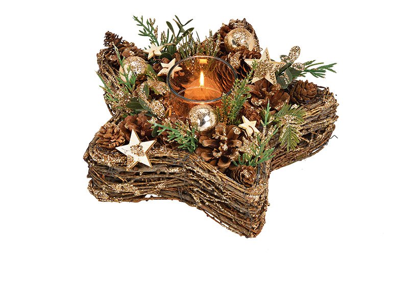 Tealight holder star, christmas decor made of wood, plastic, brown glass (w / h / d) 26x11x26cm