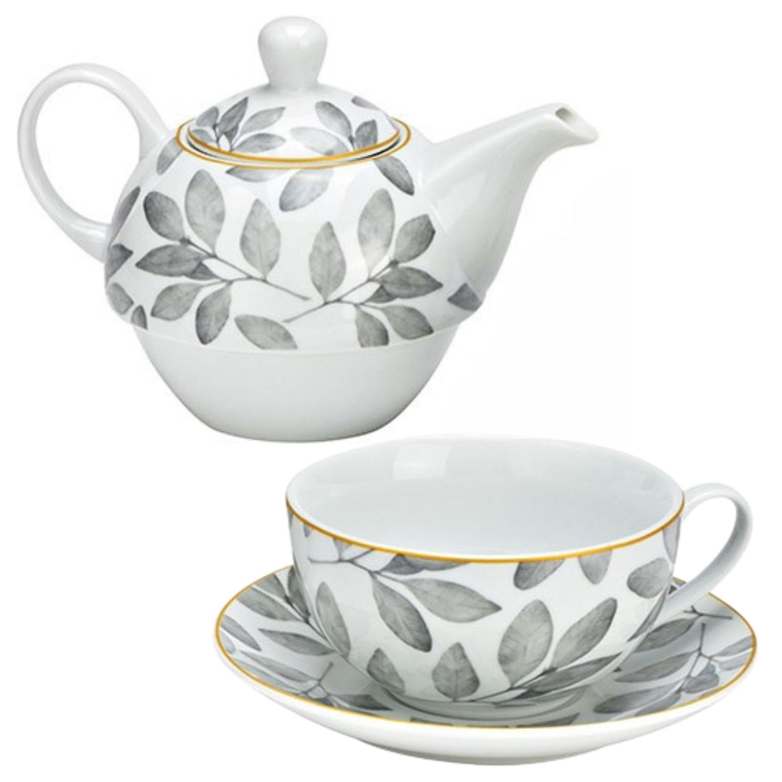 Teekannen-Set Blatt Dekor 3-er Set, aus Porzellan weiß, grau (B/H/T) 16x15x15cm 400/200ml Töpferei, Kochgeschirr, Topf, Porzellan, Teekanne