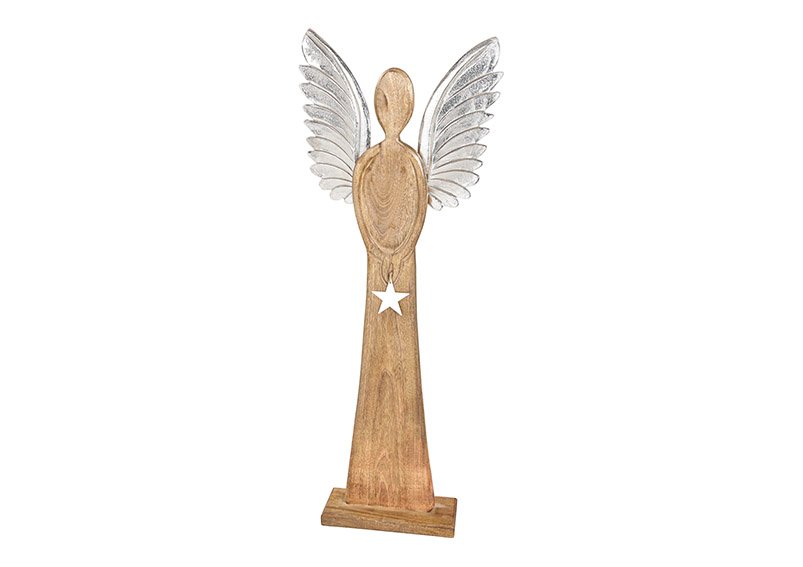 Angel, mango wood, with metal wings, star hanger, brown+silver color, (w/h/d) 45x115x13cm